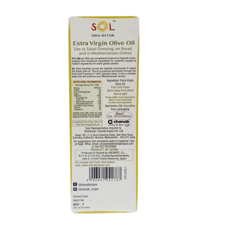 Chenab Impex Pvt Ltd Oil 12 Sol - 100% Spanish Olive Oil 1l