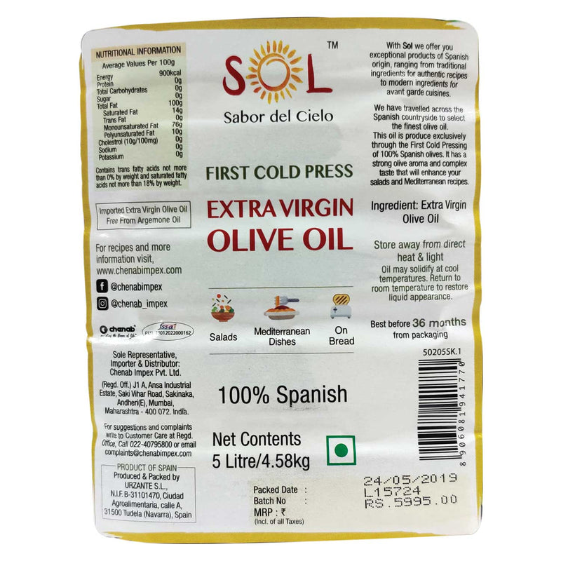 Chenab Impex Pvt Ltd Oil 3 Sol - 100% Spanish Extra Virgin Olive Oil 5l