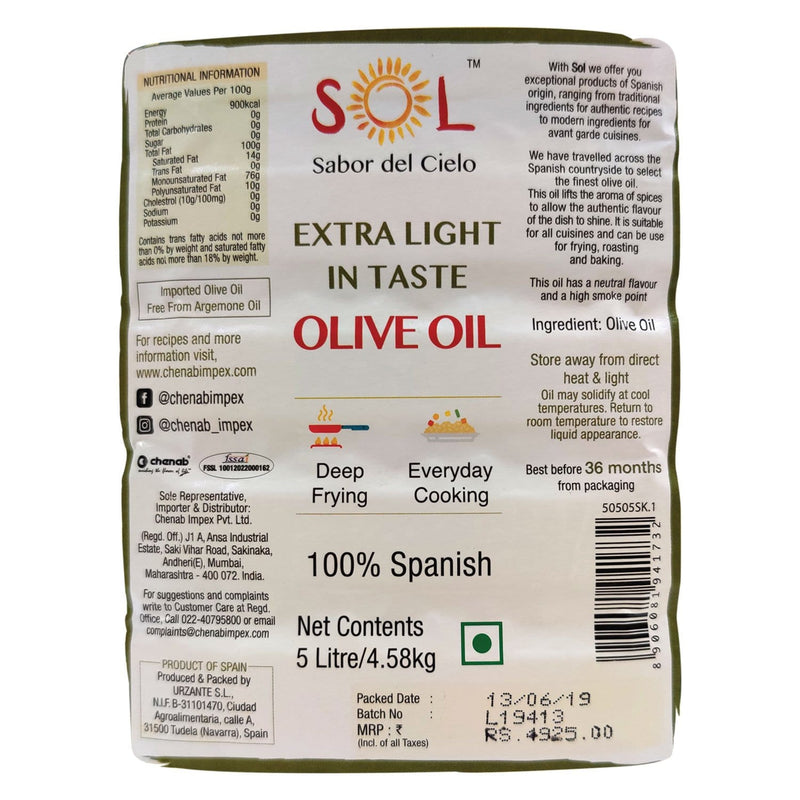 Chenab Impex Pvt Ltd Oil 3 Sol - 100% Spanish Extra Light Olive Oil 5l