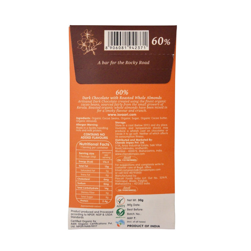 Chenab Impex Pvt Ltd Chocolate 12 Isvaari - 60% Organic Dark Chocolate With Roasted Whole Almonds 30g