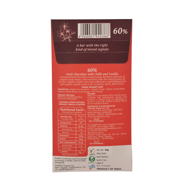 Chenab Impex Pvt Ltd Chocolate 12 Isvaari - 60% Organic Dark Chocolate With Chilli And Vanilla 30g
