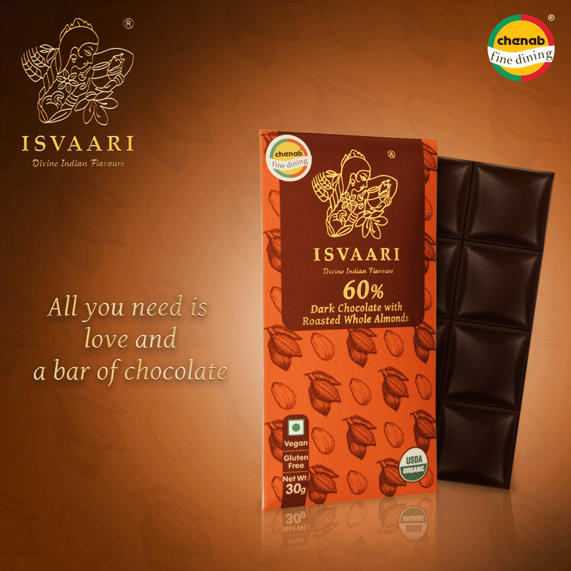 Chenab Impex Pvt Ltd Chocolate 12 Isvaari - 60% Organic Dark Chocolate With Roasted Whole Almonds 30g