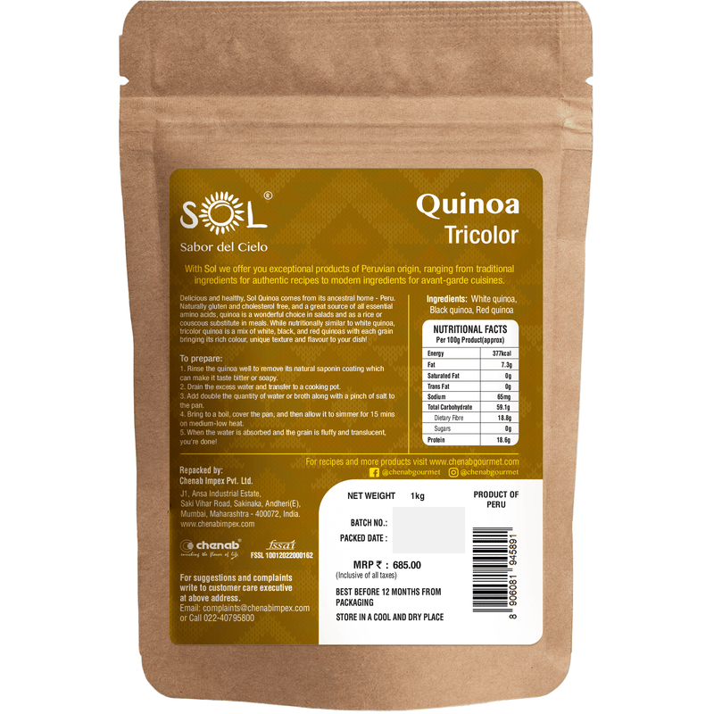 Chenab Impex Pvt Ltd Quinoa 12 Sol - Authentic Peruvian Tricolor Quinoa 1kg