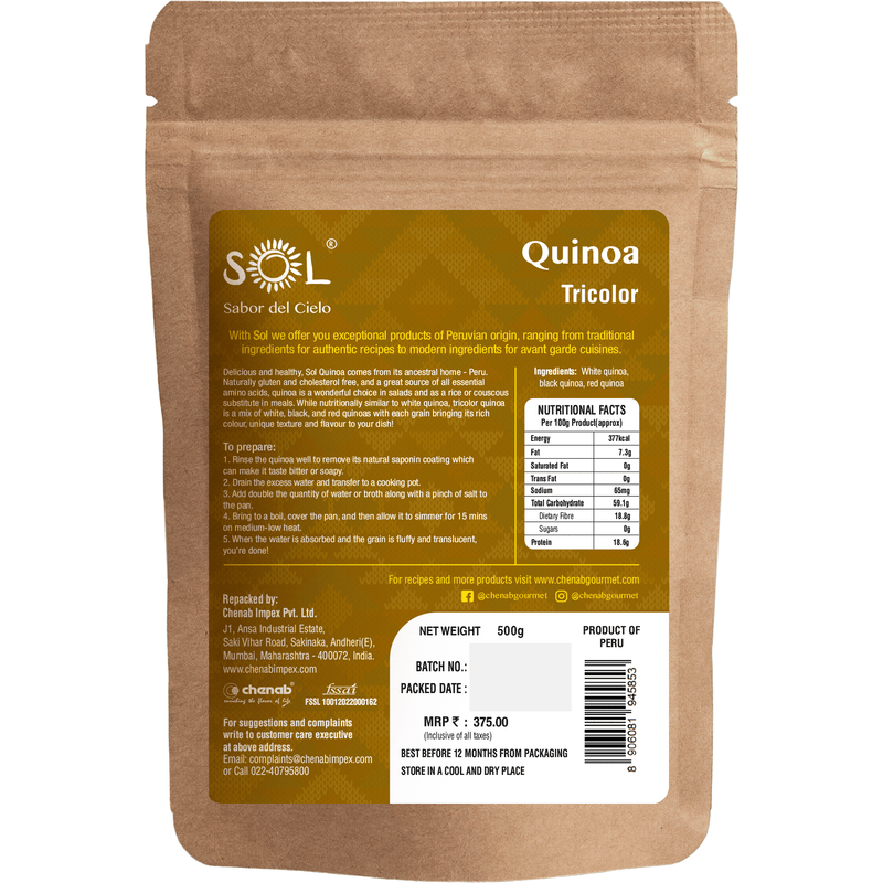 Chenab Impex Pvt Ltd Quinoa 12 Sol - Authentic Peruvian Tricolor Quinoa 500g