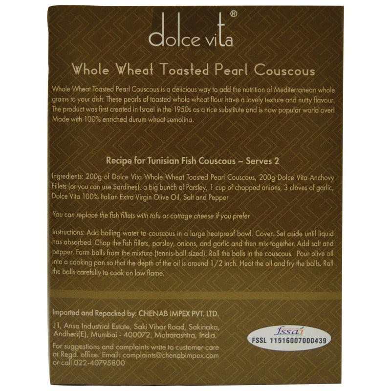 Chenab Impex Pvt Ltd Cereal 12 Dolce Vita - Whole Wheat Toasted Pearl Couscous 200g