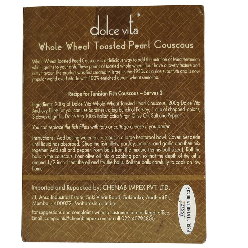 Chenab Impex Pvt Ltd Cereal 12 Dolce Vita - Whole Wheat Toasted Pearl Couscous 500g